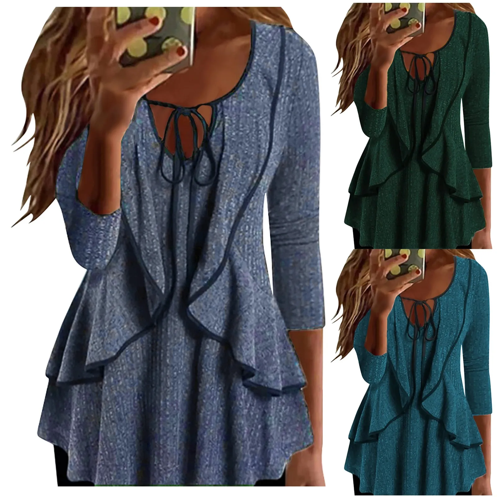 

2023 New Women's Blouse V-neck Tie Rope Ruffled Edge Temperament T Shirt Commuting Casual Long Sleeved Chic Top Femme