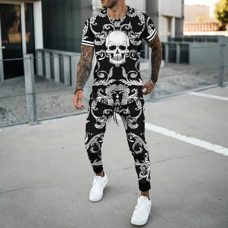 Summer Men Tracksuit jogging Skull Head Pattern 3d Printed T-shirt Men's Streetwear Sports Short Sleeve Shirt+pants 2 Pcs Sets