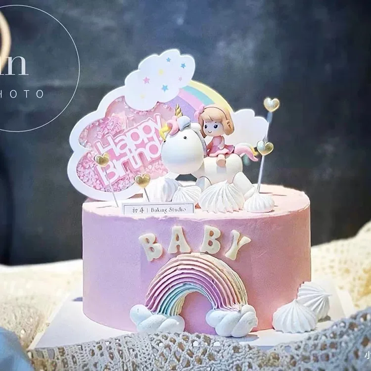 

Unicorn and Girl Cake Topper Hairball Rainbow Decoration Happy Birthday Valentine's Day Decorations For Baking Sweet girl's Gift