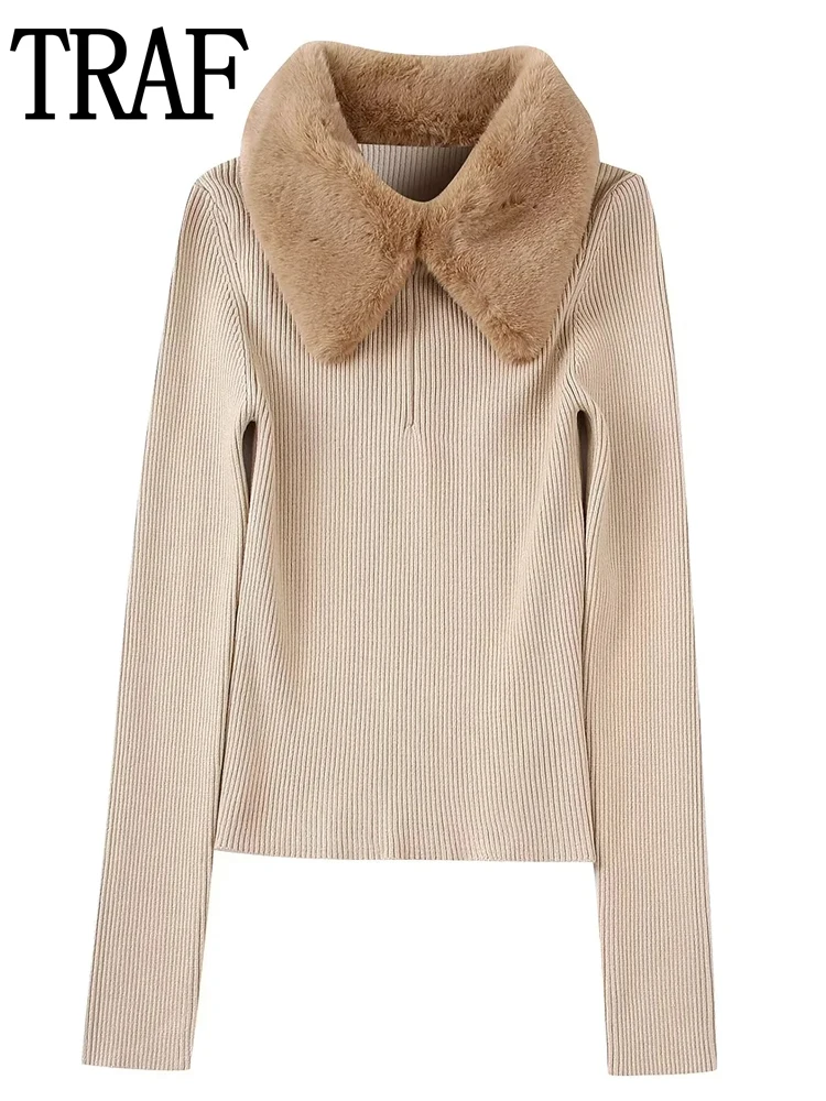 

Женский вязаный свитер с искусственным мехом, с длинным рукавом