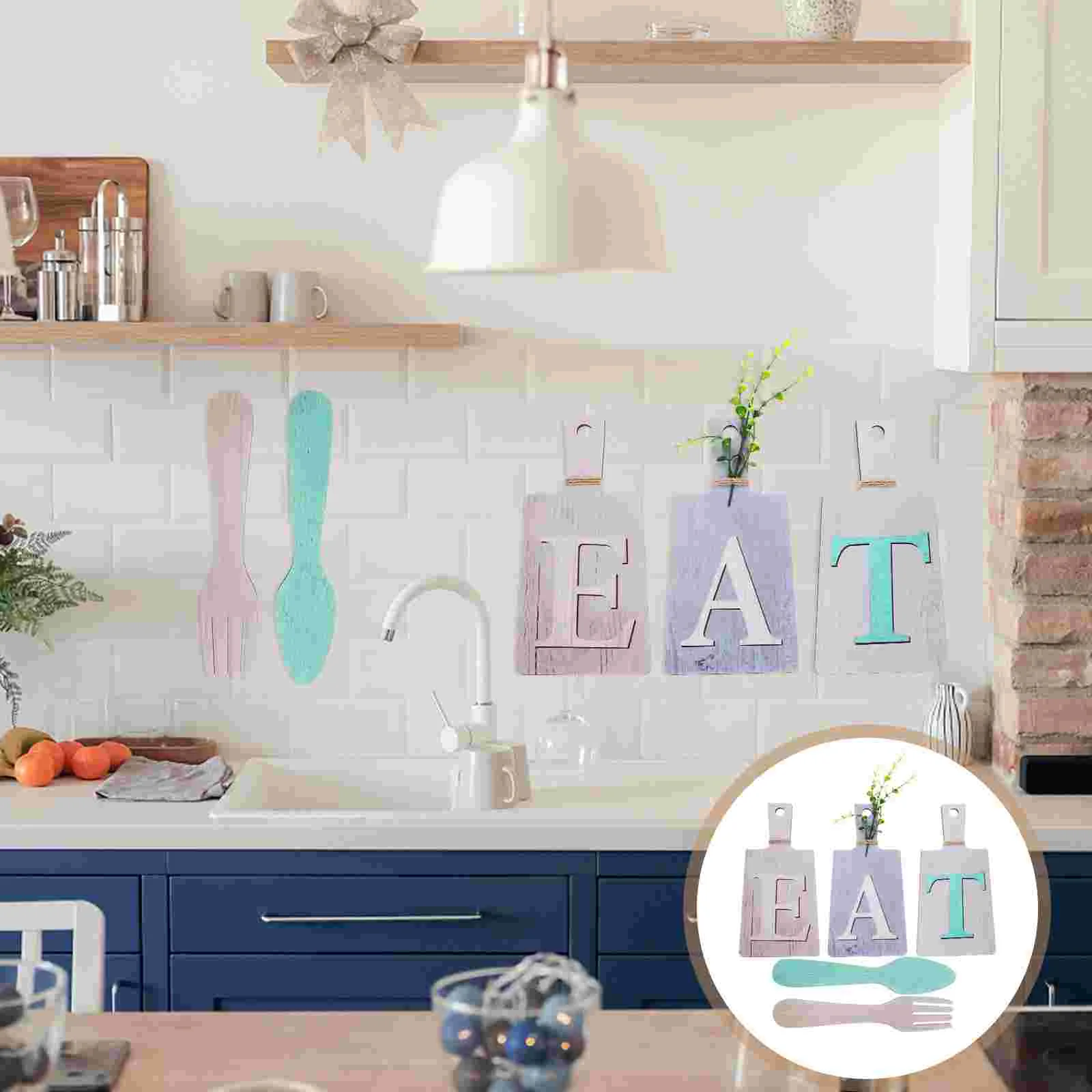 

1 Set of Fork Spoon EAT Letter Sign Wall Hanging Sign Large Wooden Letters for Kitchen Restaurant