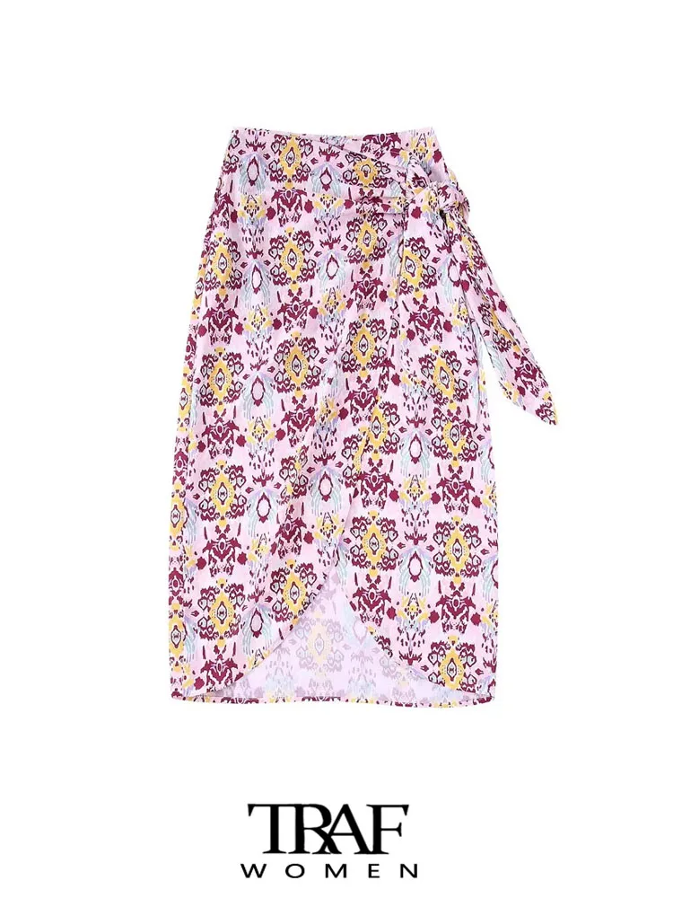 

Юбка-миди женская с завышенной талией, бантом и принтом