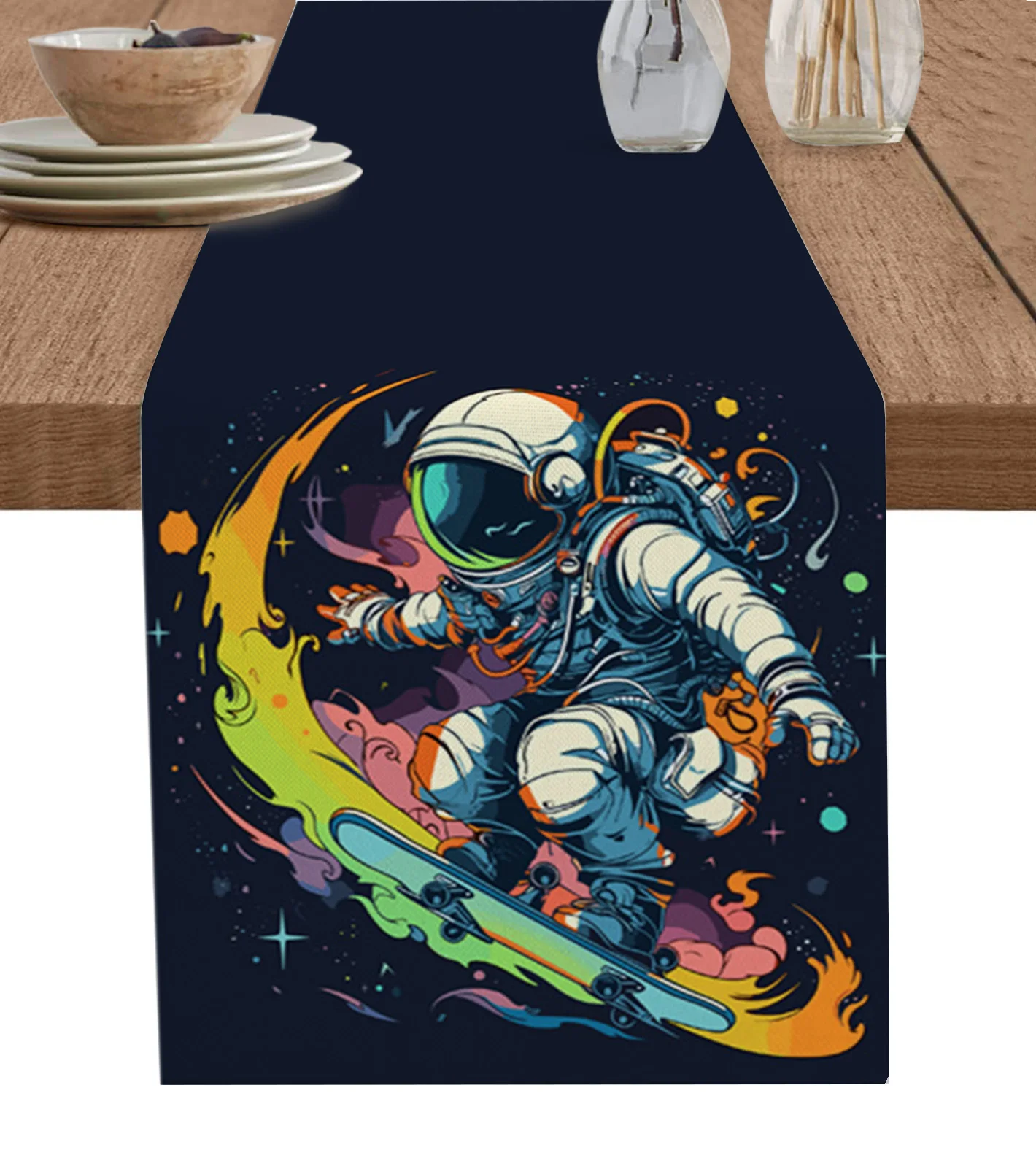 

Sporty Astronaut Skateboard Table Runner Luxury Wedding Decor Table Runner Home Dining Holiday Decor Tablecloth