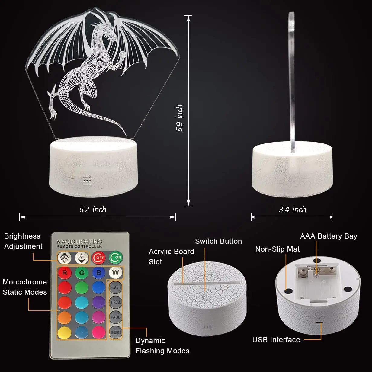 Ночсветильник с 3D драконом светодиодный светодиодная иллюзионная лампа