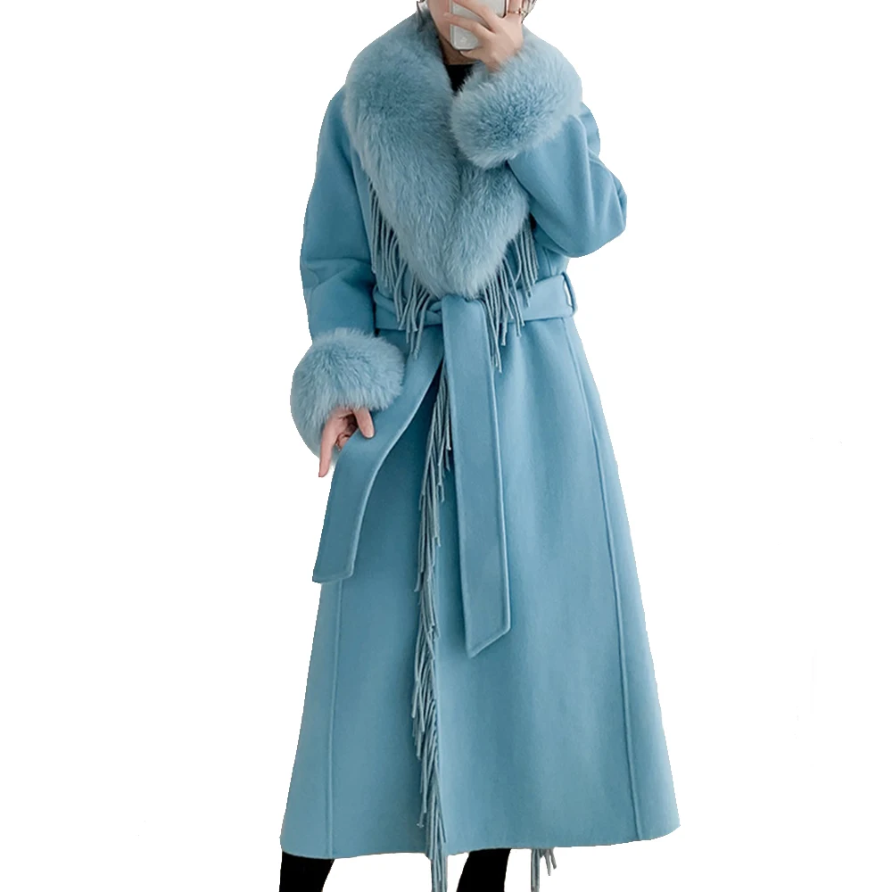 Winter Women Real Fur Coat Long Tassel Cashmere Wool Blends Jacket Female Trench Coats Belt Fox Fur Collar Hooded Streetwear enlarge