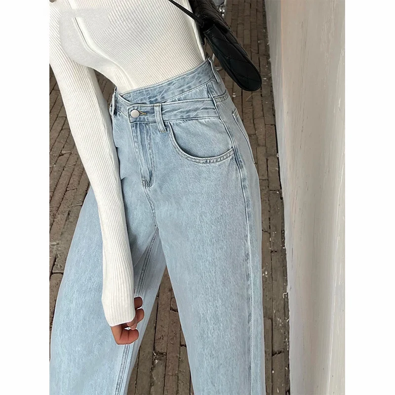 

Chic Loose Straight Women Jeans Pants High Waist Long Denim Trousers Female 2021