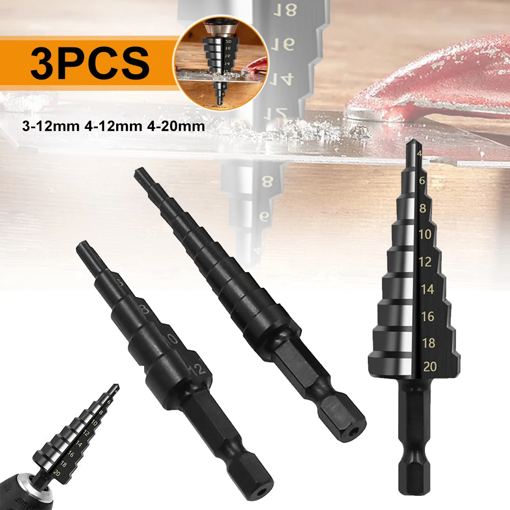 

3PCS Metal Hole Cutter Core Drill Bit Set 3-12mm 4-12mm 4-20mm HSS Straight Groove Step Drill Bit Set Titanium Coated Wood