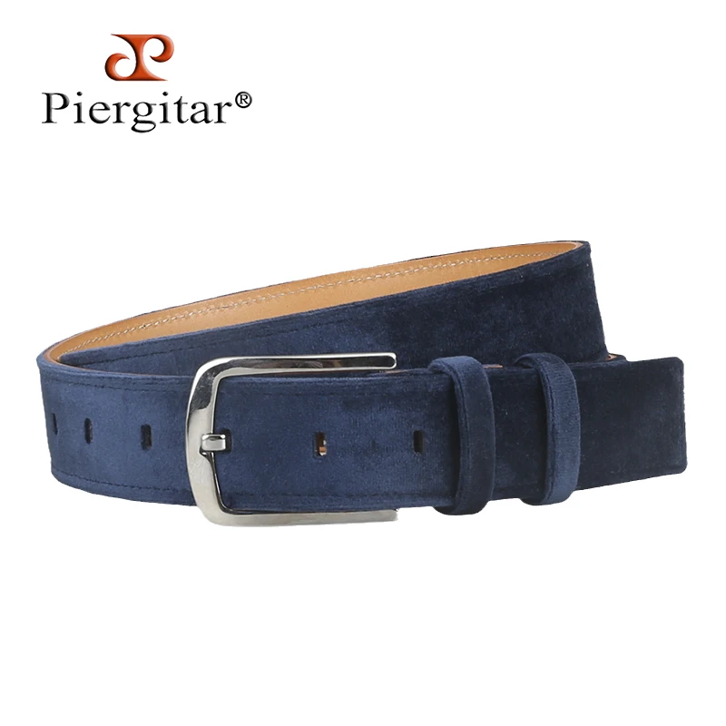 Piergitar 2023 New Navy Blue Velvet 35 Millimeters Belt With Stainless Steel Buckle Handcrafted In GuangZhou Calfskin Lining