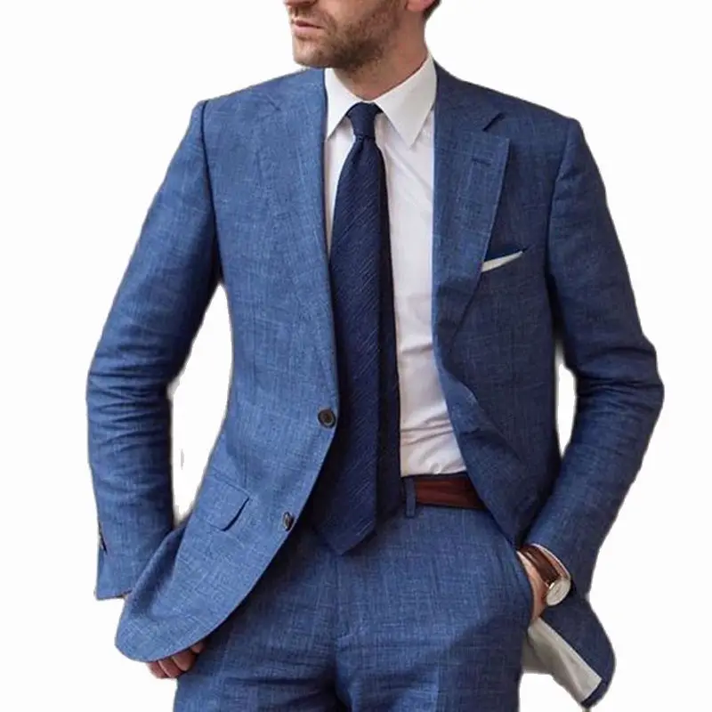 Blazer Sets Design Blue Summer Beach Linen Men Suit 2022 Slim Fit 2 Piece Tuxedo Custom Blazer Groom Male Suits Jacket+Pants