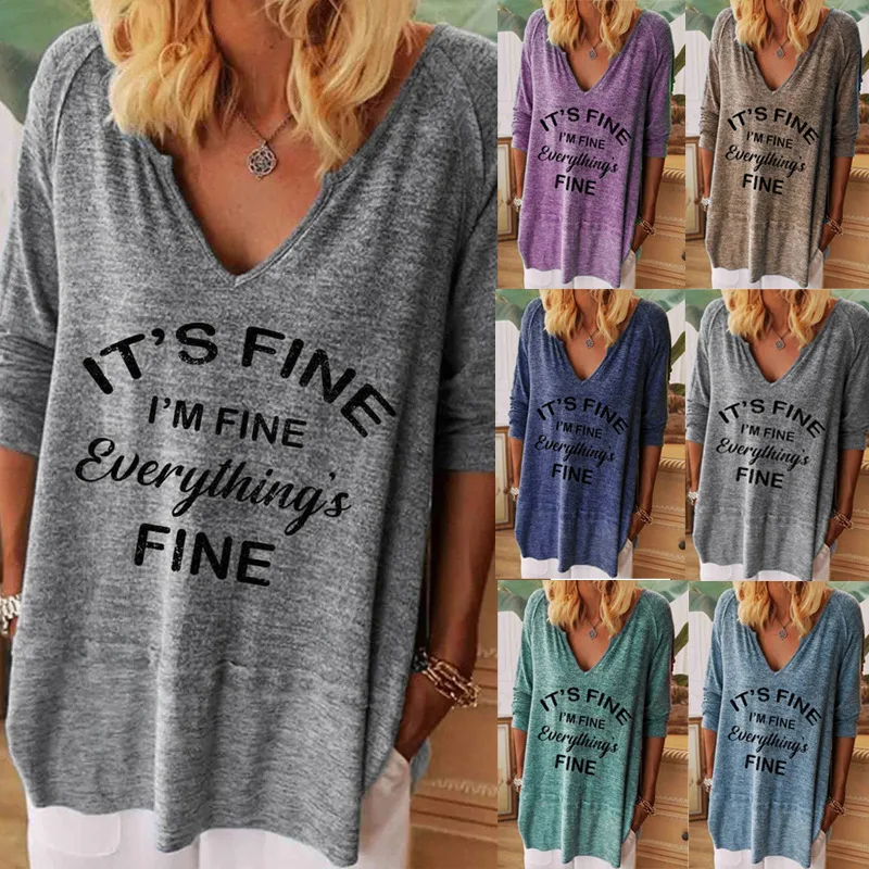 

2022 Spring New Women Letter Print Tops V Neck Loose Long-Sleeve T-Shirt Autumn Casual Fashion Ladies Pullover T-Shirt