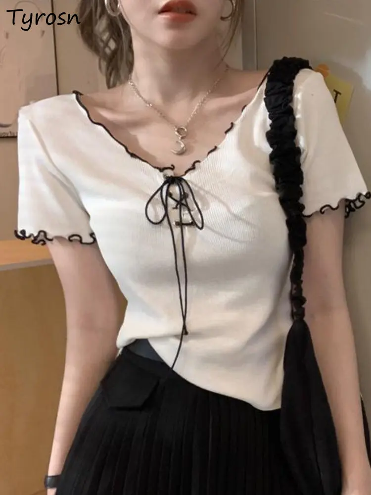 

T-shirts Women Summer Simple Leisure Daily Design Bandage Fashion Ladies Knitting Tender Korean Style V-neck All-match Slim Cozy
