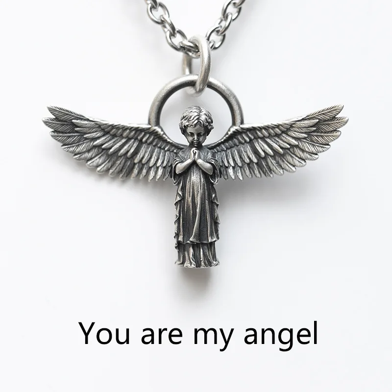 

Fashion Angel Wings Pendant Necklace Men and Women Retro Silver Color Couple Sweater Chain Punk Jewelry Accessories Holiday Gift