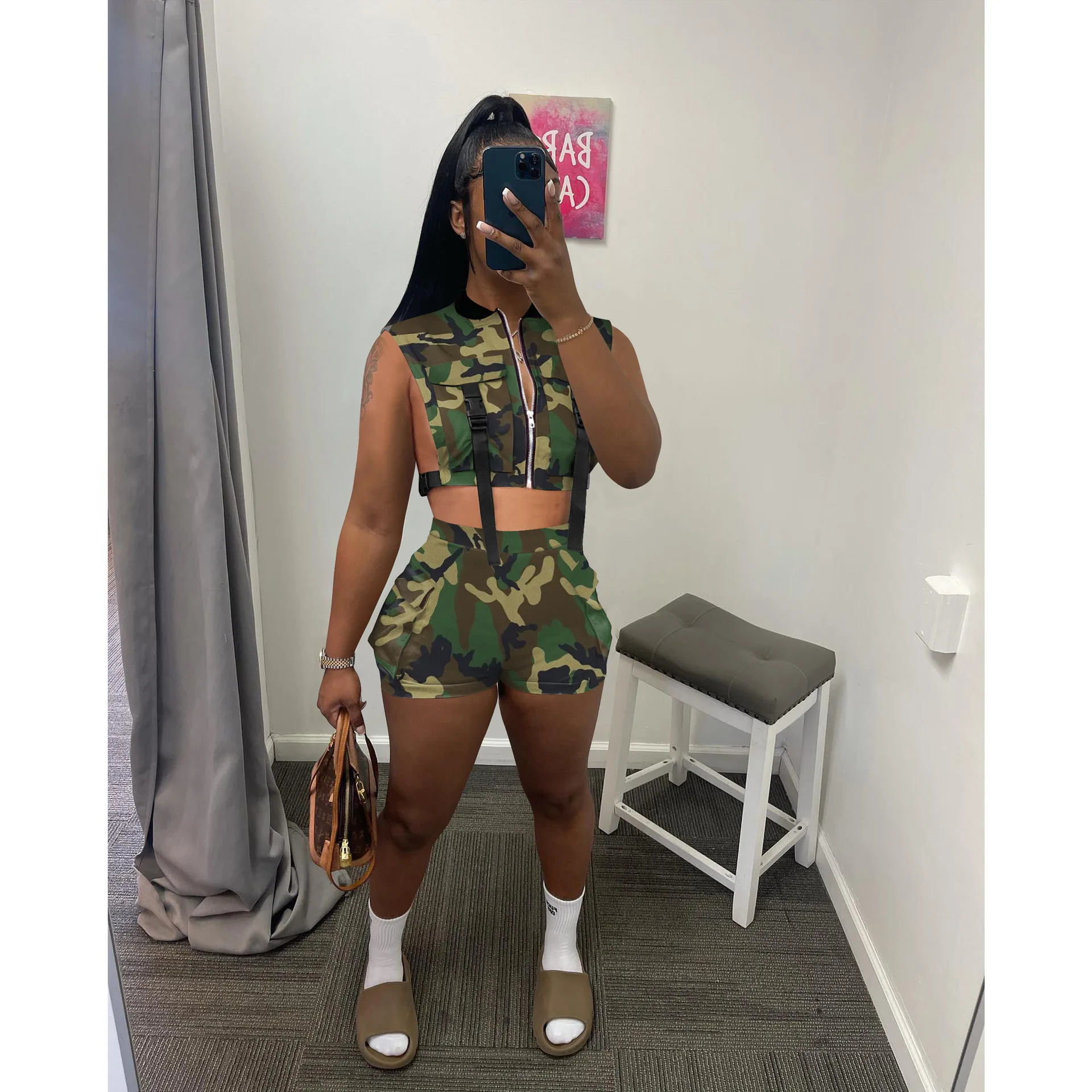 

Summer Camouflage Print Short Tracksuit Women Sexy Sleeveless Vest Crop Top + Shorts Skinny Club Party Two Piece Set Casual
