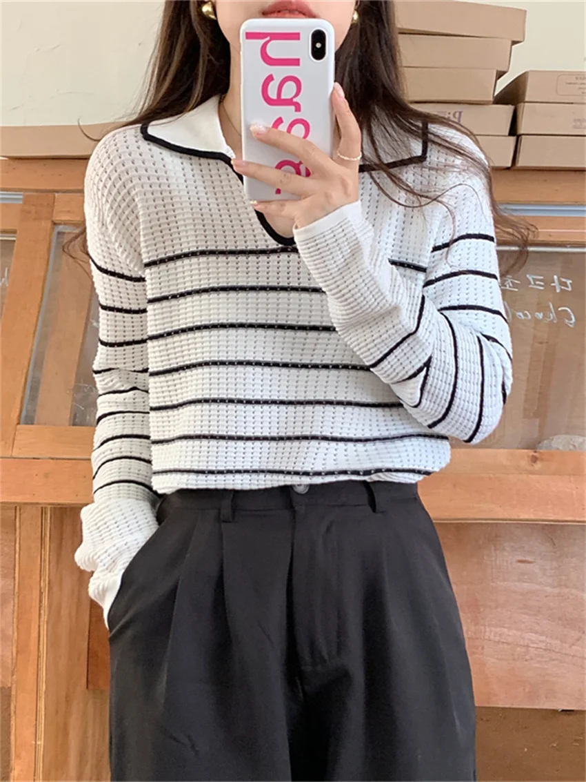 

Alien Kitty V-Neck Loose Stripes Women Sweaters Bottoming Stylish Autumn 2022 Office Lady Tees Slim Casual Full Sleeve Tops