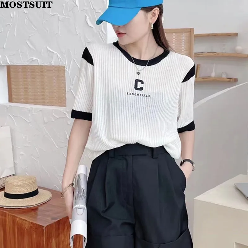 

Женский трикотажный пуловер с коротким рукавом, с круглым вырезом