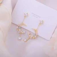 korean exquisite design hollow moon tassel cz earring for women 14k real gold temperament zircon stud earrings wedding jewelry