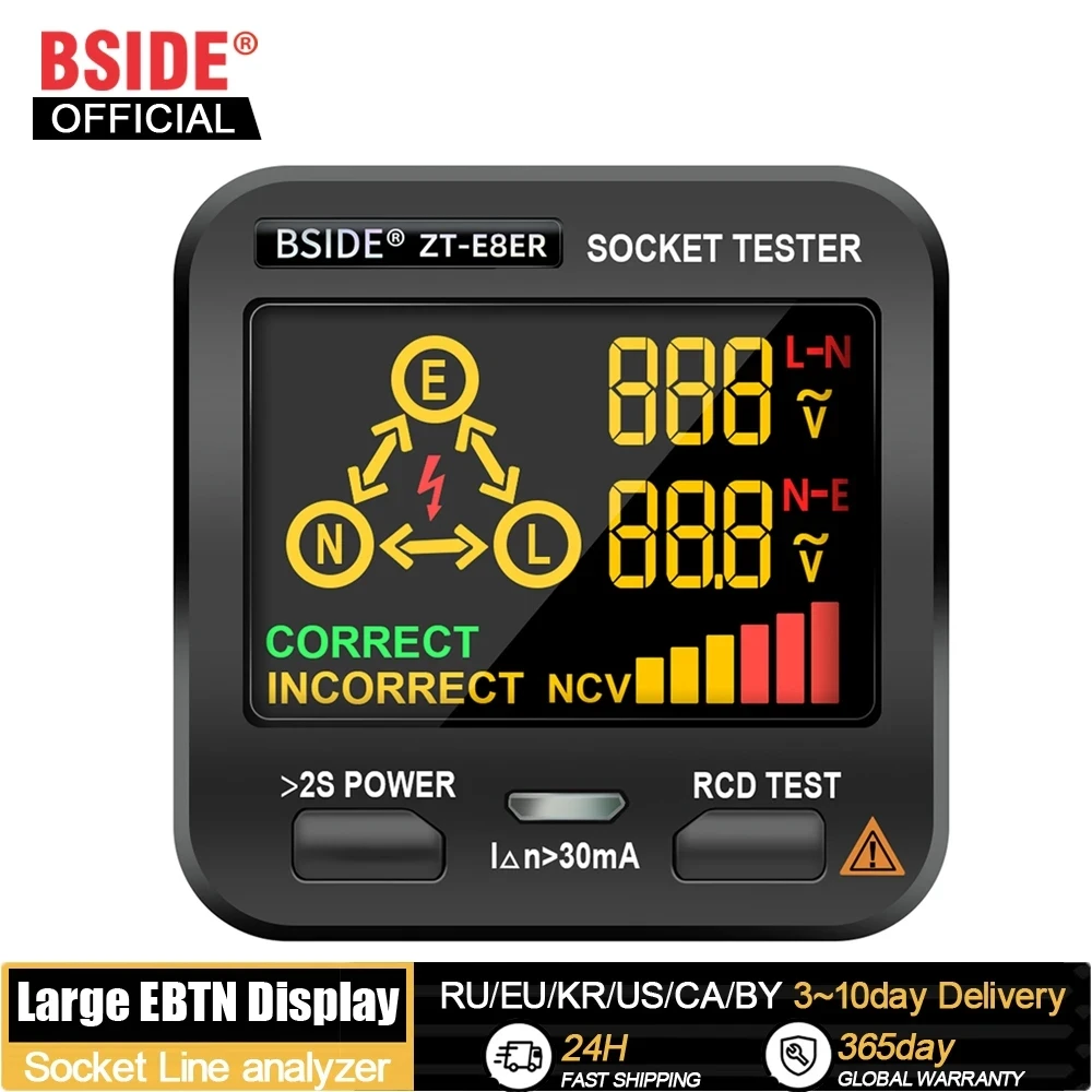 

BSIDE Socket Tester Smart Voltage Detector Digital Display Outlet Checker RCD GFCI NCV Live Neuter wire Test EU US UK Plug Meter