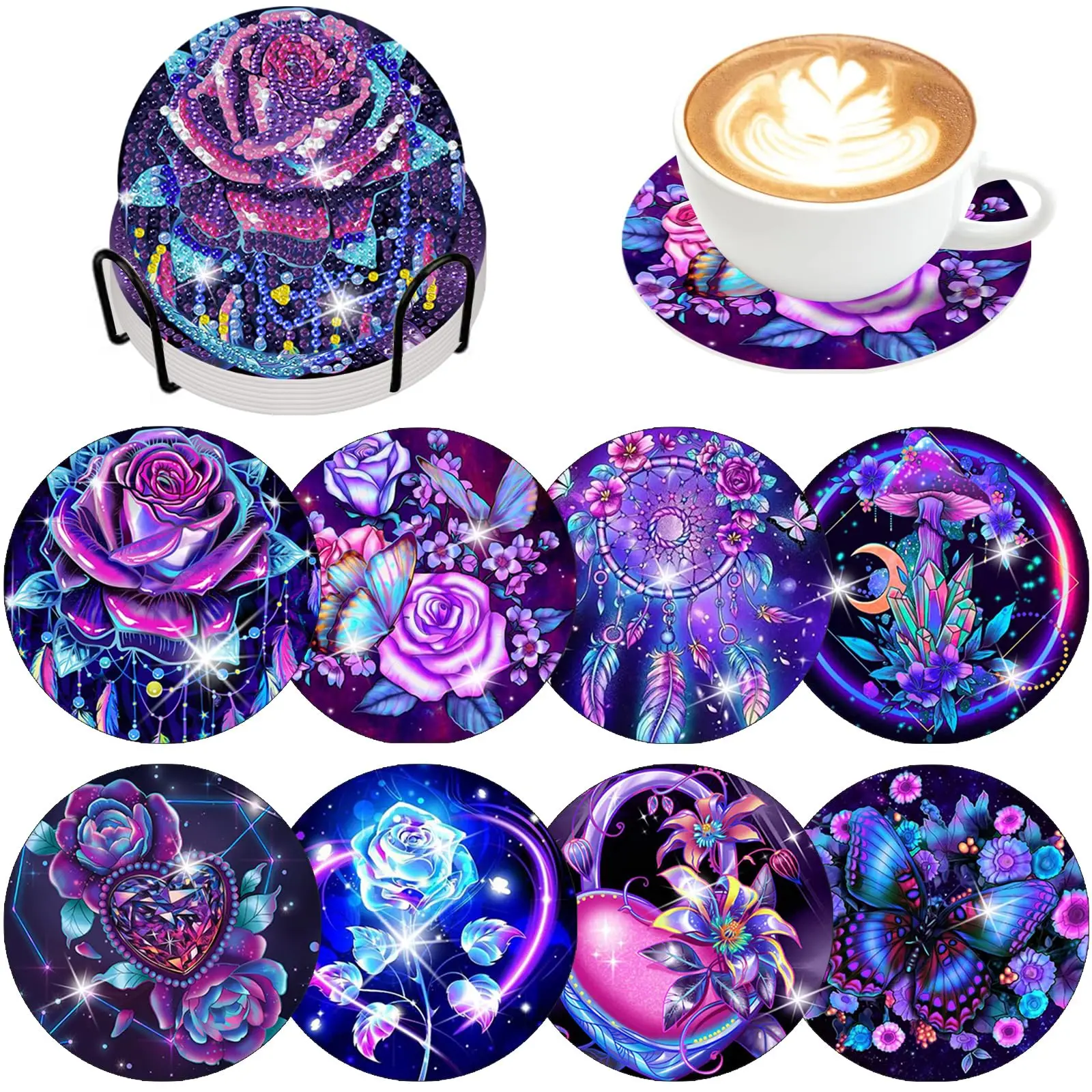 

8 Pcs Neon Dazzle Diamond Painting Coasters Kits Dazzle Butterfly Dreamcatcher Rose DIY Coasters with Holder Holiday Acrylic