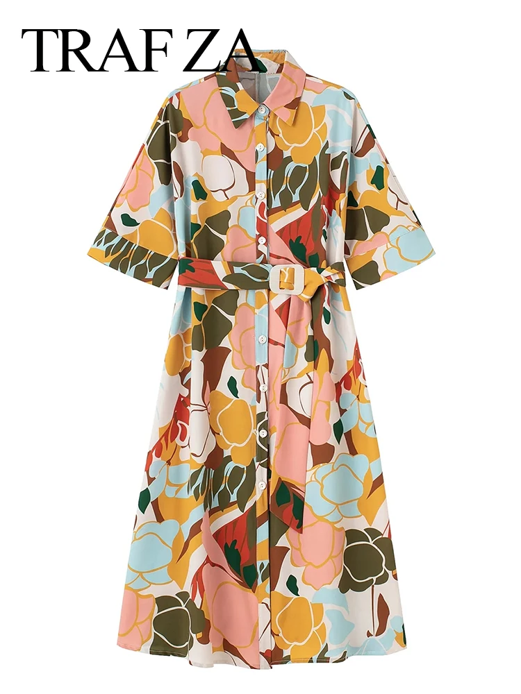 

TRAF ZA Temperament Commuter Print Shirt Dress Single Breasted Short Sleeve Belt Chic Fashion Midi Dress Trend Premium Clothes