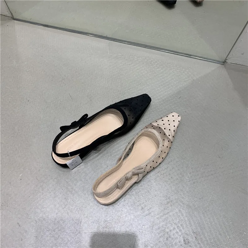 French Fairy Mesh Polka-dot Low-heeled Shoes 2022 Spring and Summer New Bow Sandals Women's Shoes Loafers Women Sandals