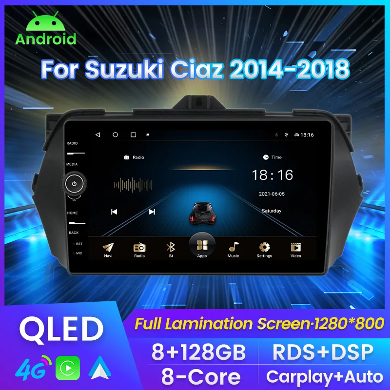 RDS Carplay Android 11 QLED Автомобильный мультимедийный DVD-плеер для Suzuki Ciaz Alivio 2015-2018