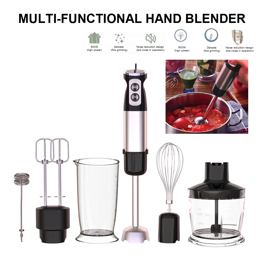 600W Immersion Hand Blender 6 In 1 Multifunction Stick Blender Mixer Stainless Steel with Whisk Chopper Milk Frother Measure Cup