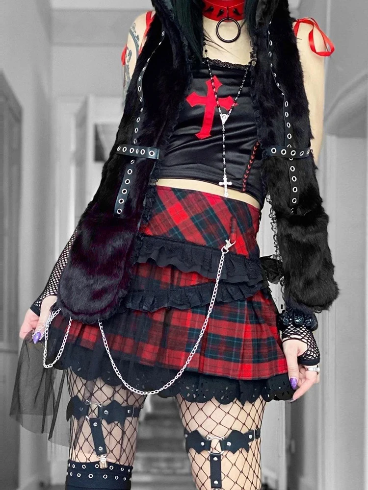 

Vintage Y2K Punk Red Plaid Skirt Harajuku Gothic High Waist Mesh Patchwork Belt Mini Skirts Fairy Grunge E Girl Streetwear Skirt
