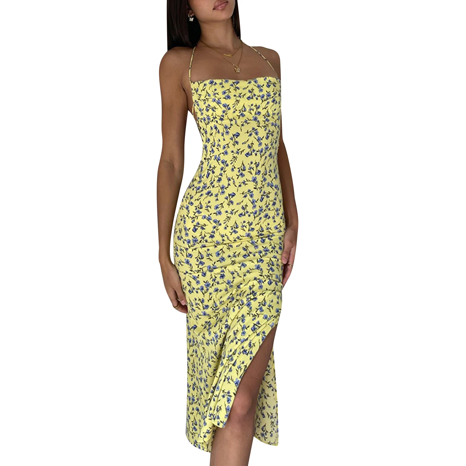 

Women's Dress Floral Print Sleeveless Halter Tie Design Open Back Side High Slit Summer Dress