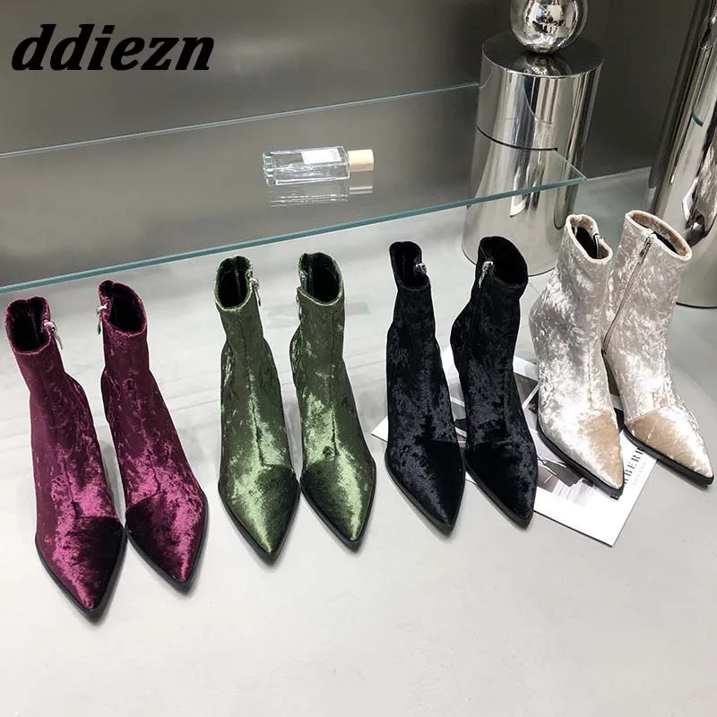 

2023 New Autumn Spring Fashion Pointed Toe Women Ankle Boots Heels Silk Ladies Modern Stretch Boots Zippers Female Pumps Shoes