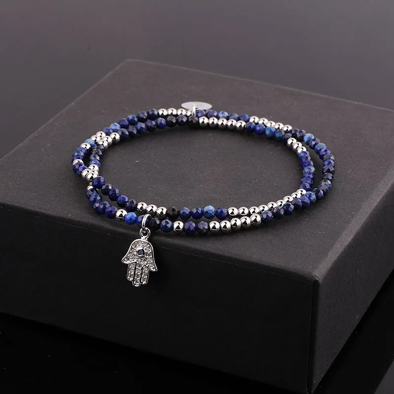 

New Cute Elegant Design Natural Stone Rose Quartz Blue Lapis CZ Pave HandCharm Elastic Beads Bracelet For Women Jewelry Gift