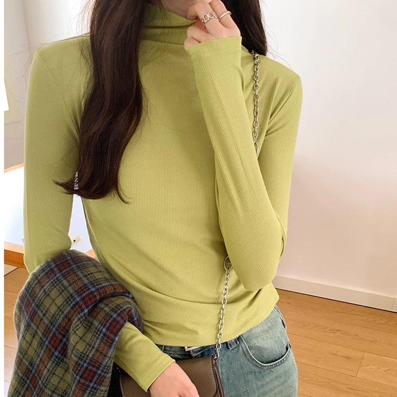 

2023 Autumn Thread Half High Collar Bottoming Tshirts For Women Tee Shirt Femme Korean Long Sleeve T Shirt Elastic Slim Tops