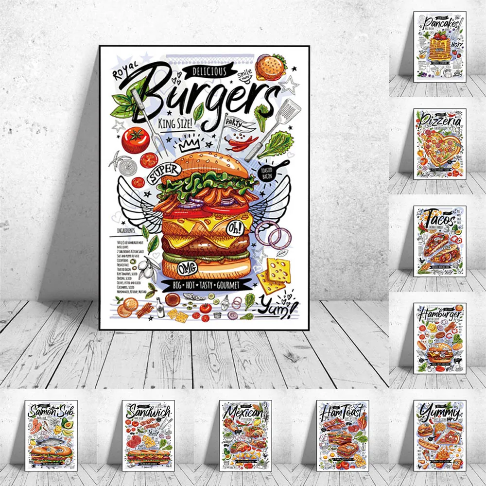 

Graffiti art all kinds of food canvas painting tortilla hamburger kitchen wall art poster dining room home decoration mural