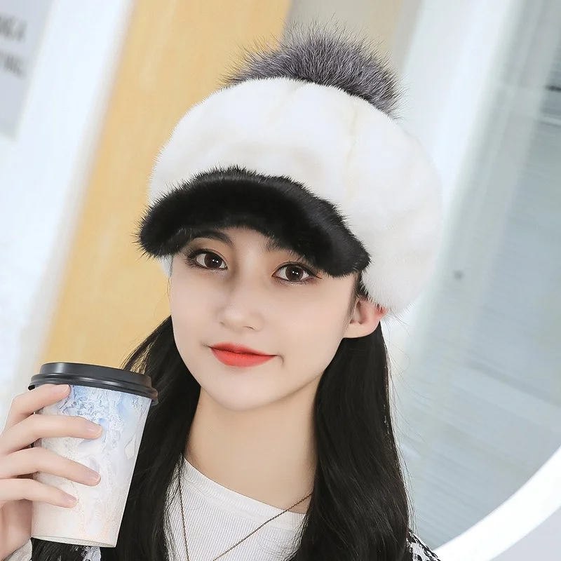 Winter Ear Protection Plush Cap For Women High Quality Fox Hairball Decorated Mink Fur Cap Elegant Soft Fluffy Cap