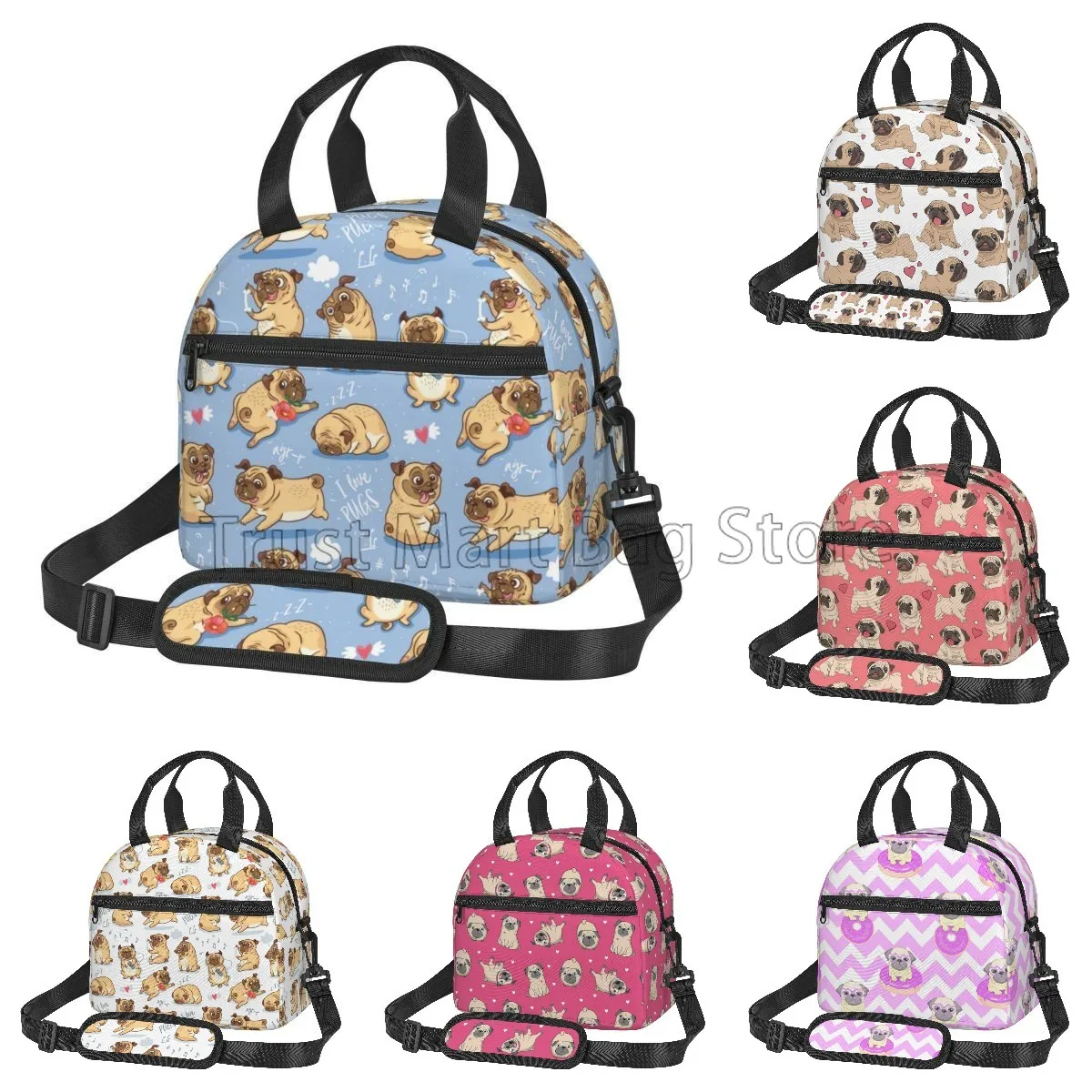

Cute Pug Dog Insulated Lunch Bag for Women Kids Thermal Lunch Box Portable Cooler Tote Bags for School Work Picnic Beach Travel