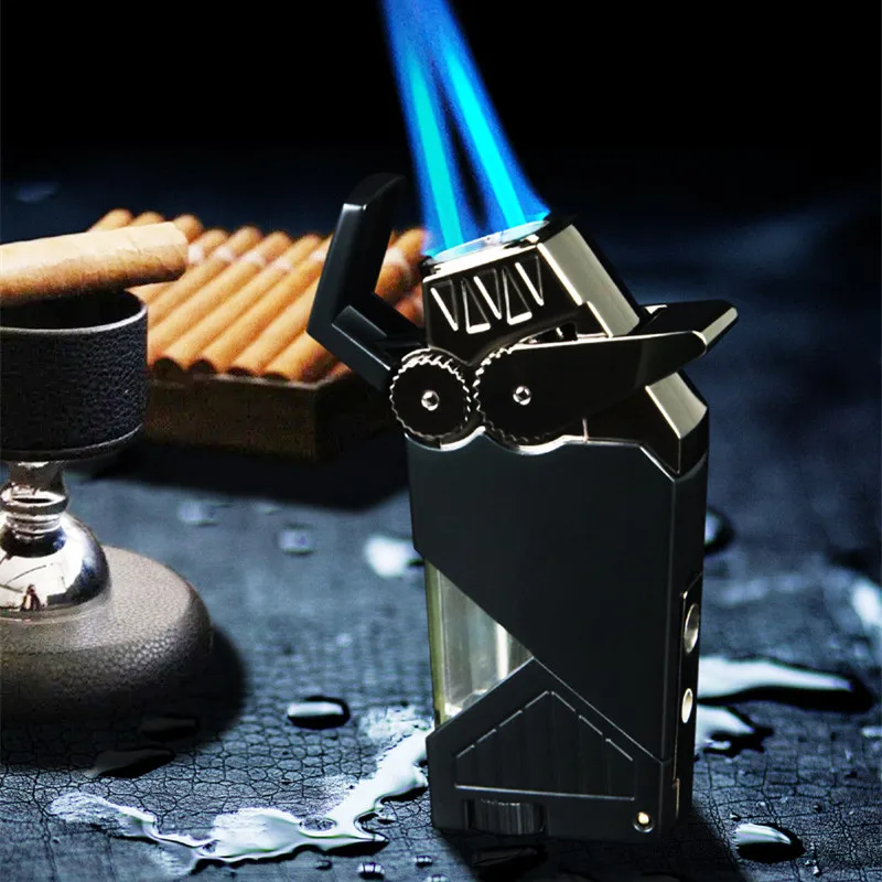 

New Dual Jet Blue Flame Lighters Visible Gas Torch Turbo Windproof Lighter Butane Cigar Lighters Gadgets For Men