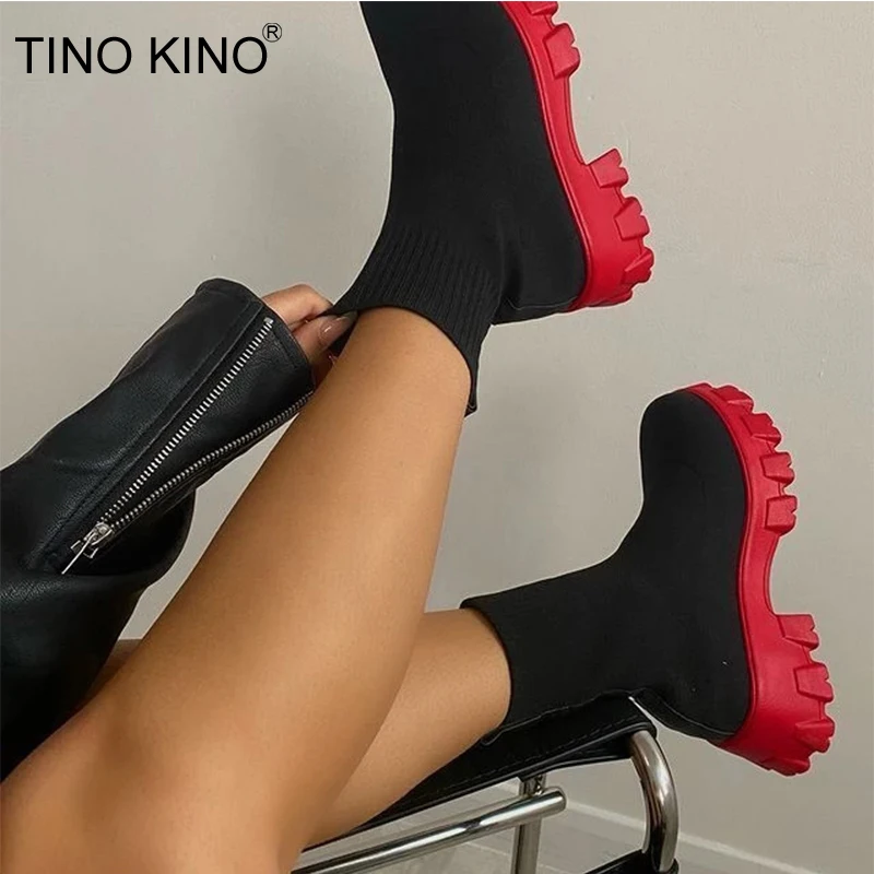 

Женские ботильоны на толстой подошве, трикотажные женские ботинки-носки из эластичной ткани, модные женские короткие ботинки, осенняя женс...