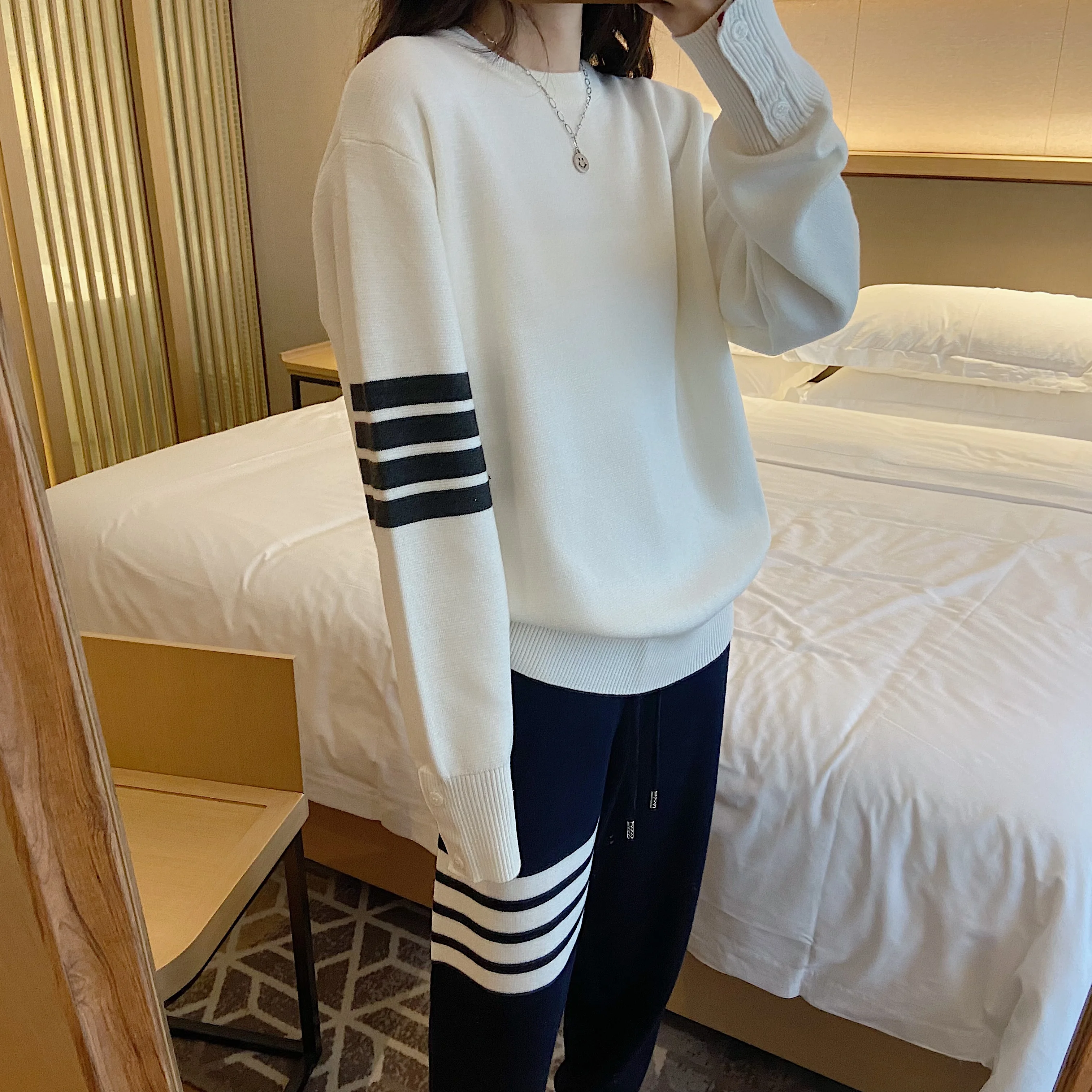 TB High Quality Fashionable Women's Four Stripe Loose Skinny Sweater Bottomed with Wool Sweater Round Neck Pullover