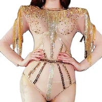 gold mesh gauze perspective bodysuit fringes rhinestones sequins bodysuits shiny costume for women dance wear nightclub outfit