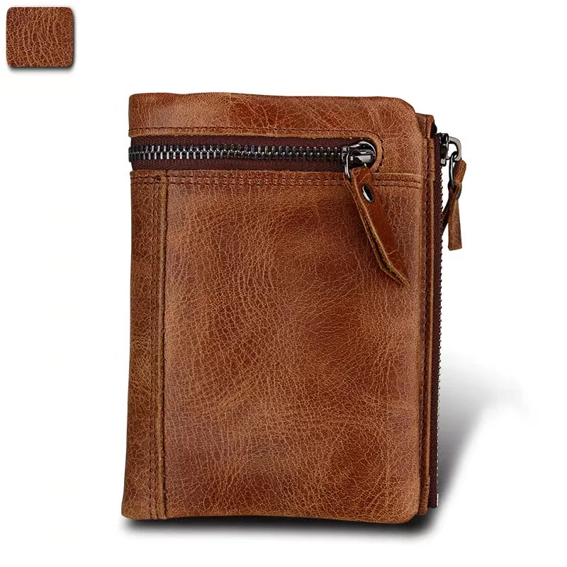 Men Short Wallet Genuine Leather Rfid Block Zip Male Purse Large Capacity