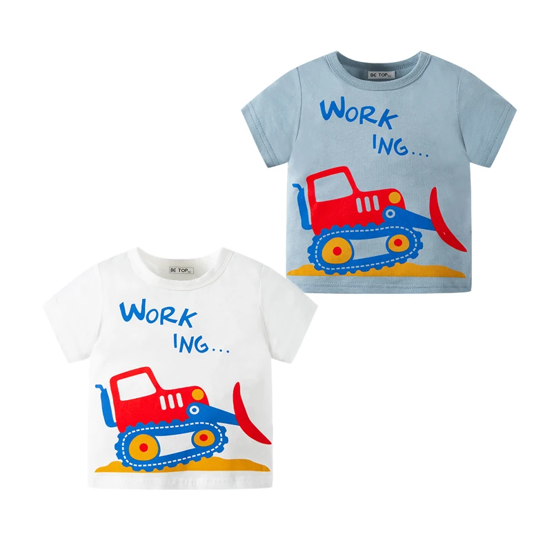 

27kids Summer Boys Short Sleeve T-shirts Knitting Cotton Cartoon Excavator Casual Soft Baby Breathable Clothes 2 3 5 6 7years