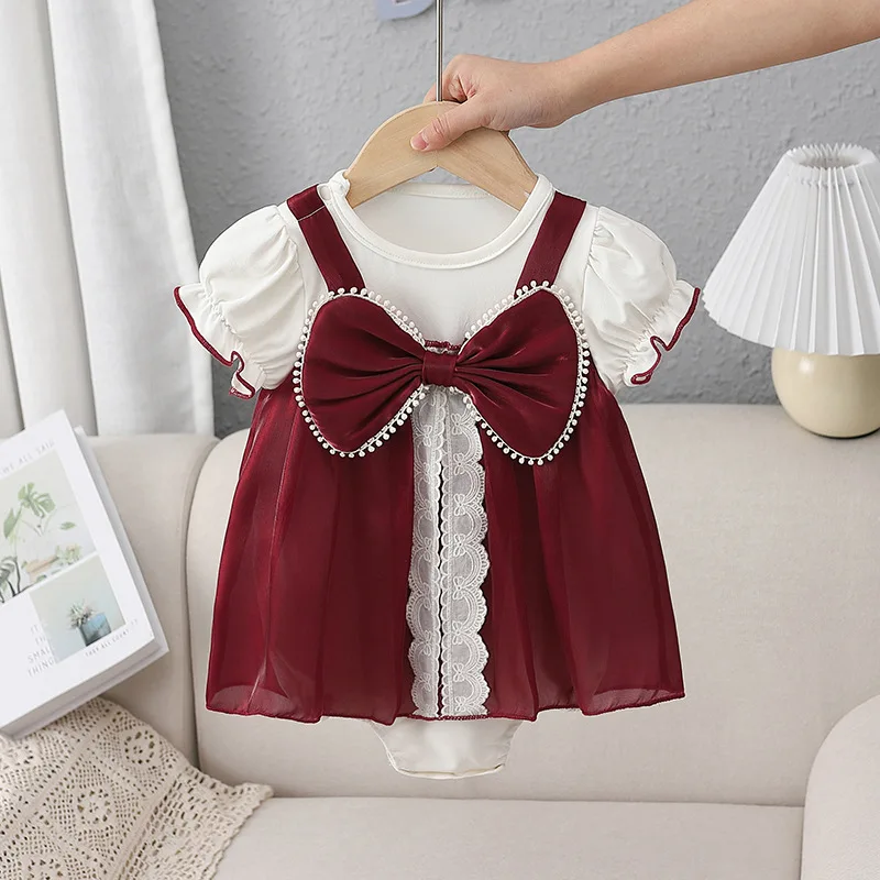 

Children's Clothes New Summer 2022 Baby One-piece Clothes Sweet Cute Baby Short Sleeve Triangle Khaki Crawling Clothes