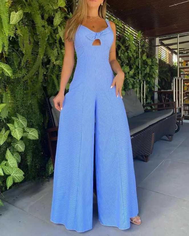 

Fashion Women's Wide Leg Jumpsuit 2023 Spring and Summer Strap Hollow Stripe Print Sleeveless High Waist Wide Leg Pants