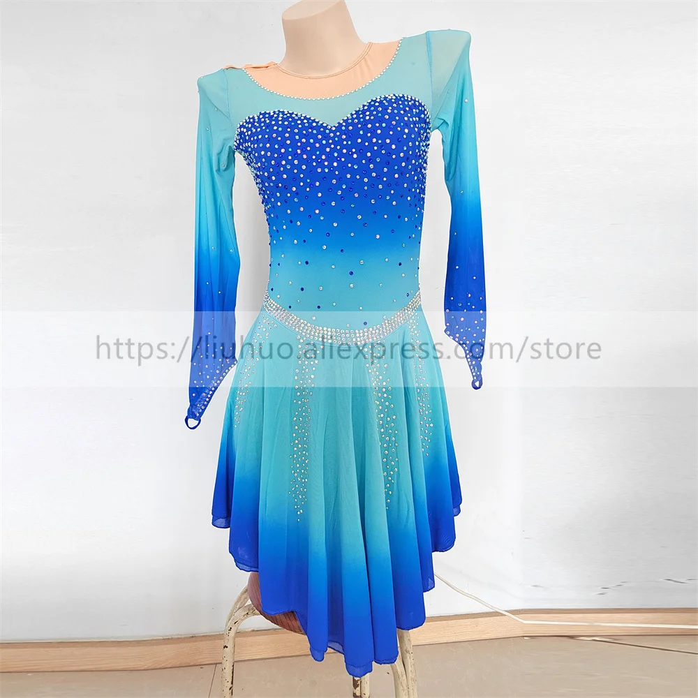 

LIUHUO Women Aldult Teen Girl Customize Gradient Costume Performance Competition Leotard Ice Figure Skating Dress Blue Dance Kid