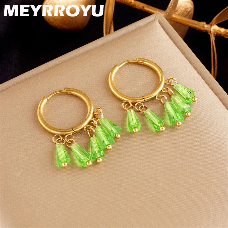 

MEYRROYU 316L Stainless Steel Hoop Earrings Green Bead Pendant for Women Chic Accessories Exquisite Jewelry Party Gifts Brincos