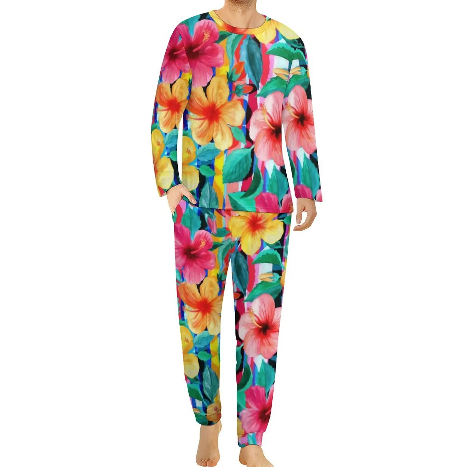 

Hawaiian Tropical Pajamas Spring 2 Pieces Hibiscus Floral Print Cute Pajama Sets Man Long-Sleeve Room Graphic Nightwear 5XL 6XL