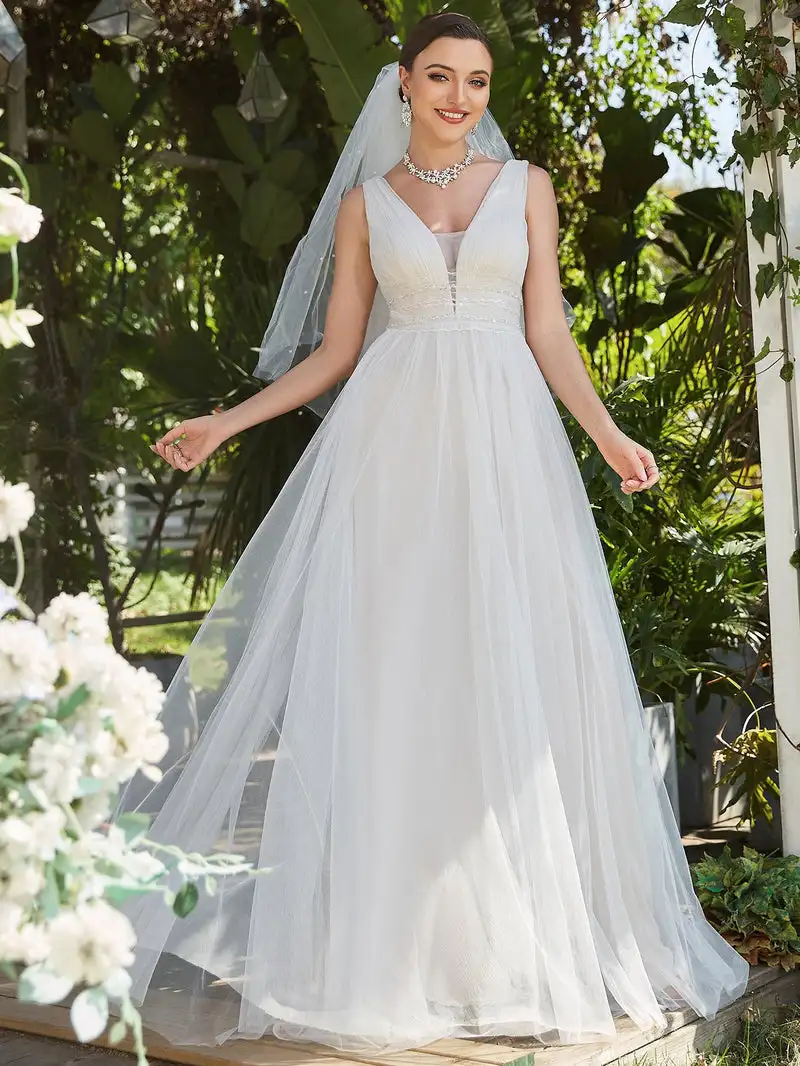 

Elegant Wedding Dress Long A-LINE V-Neck Backless Short Sleeve Floor-Length 2022 Ever Pretty Of Lace Simple Wedding Wome Dress