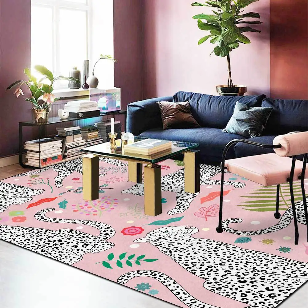 

Fashion Nordic Modern White Leopard Plant Sweet Pink Living Room Bedside Carpet Floor Mat