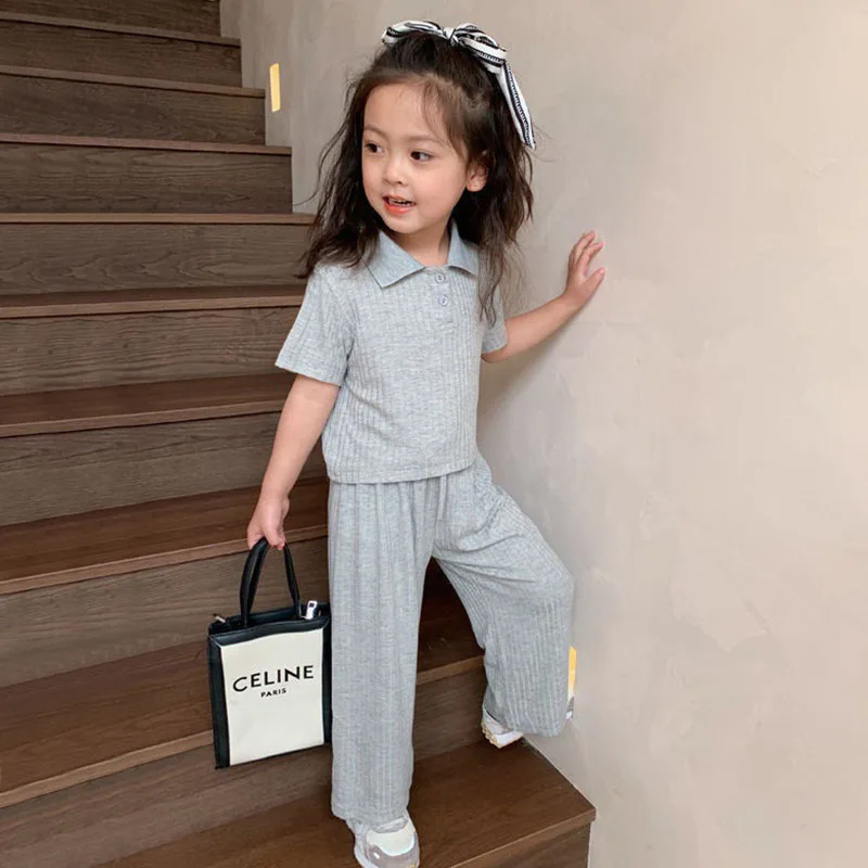 

Girls Grey Clothes Set Summer Kids Lapel T-shirts with Loose Straight Trousers 2 Piece Suit 3-8 Years Children Casual Outfits