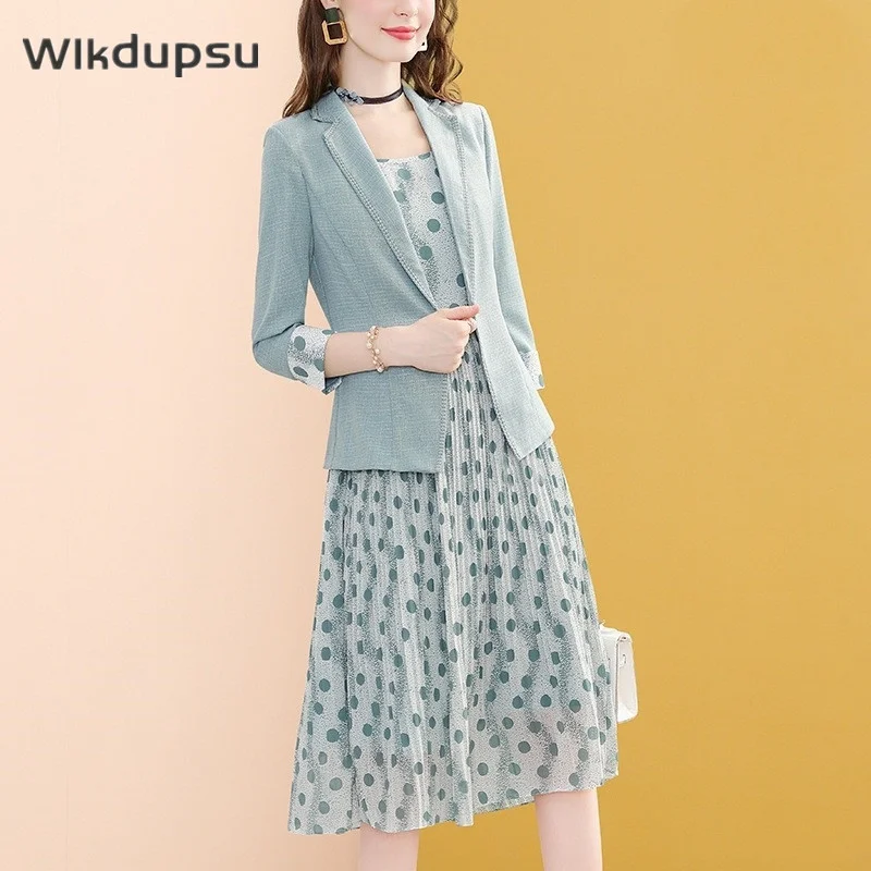 

Fashion Women Dress Suits Two Piece Set Spring Summer Autumn Fairy French Style Polka Dot Pleated and Blazer Suit Jacket Clothes