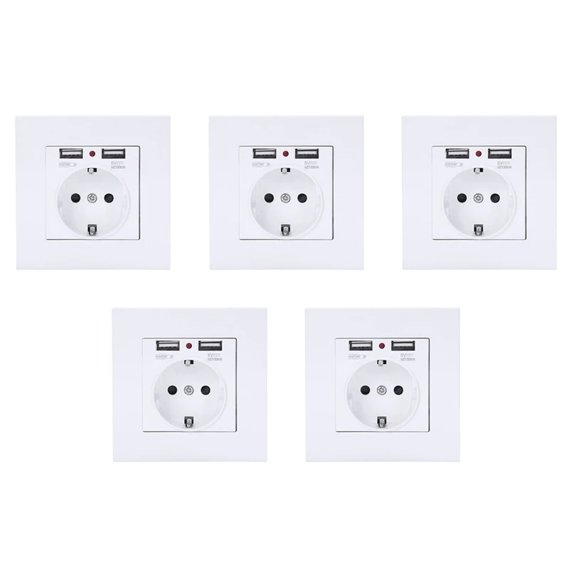 

5X Pc Panel Wall Power Socket Grounded 16A Eu Standard Electrical Outlet With 2100Ma Dual USB Charger Port For Mobile